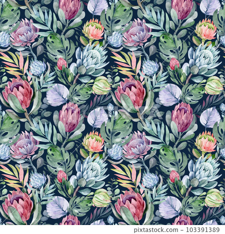 watercolor seamless pattern. floral background blooming flowers and protea leaves. Plants and flowers of Australia. for fabric, textile, roll wallpaper, design, backgrounds, textures, digital paper, 103391389