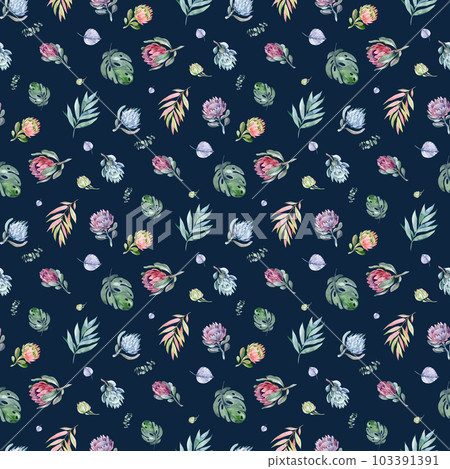 watercolor seamless pattern. floral background blooming flowers and protea leaves. Plants and flowers of Australia. for fabric, textile, roll wallpaper, design, backgrounds, textures, digital paper, watercolor seamless pattern. floral background blooming flowers and protea leaves. Plants and flowers of Australia. for fabric, textile, roll wallpaper, design, backgrounds, textures, digital paper, 103391391