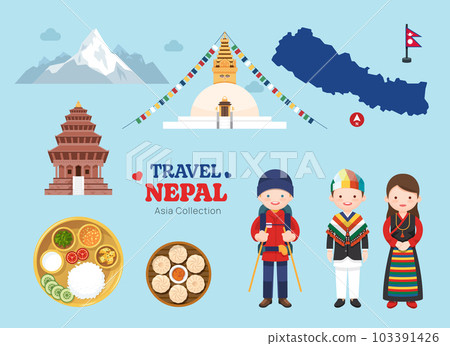 Travel Nepal flat icons set. Nepalese element icon map and landmarks symbols and objects collection. Vector Illustration Travel Nepal flat icons set. Nepalese element icon map and landmarks symbols and objects collection. Vector Illustration 103391426