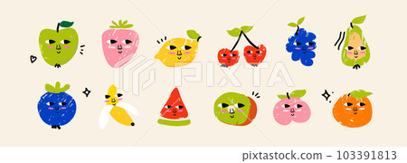 Cute trendy fruits and berries, drawn with marker, in the style of a child's drawing. Trending characters with funny faces. Pack of textured vector elements. Bright children's illustrations 103391813