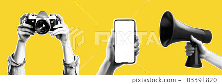 Collage element with hands and cutout shape and doodle element. Vintage vector set. Retro halftone effect. Hand gestures with the camera and the flag. Pack for advertising 103391820