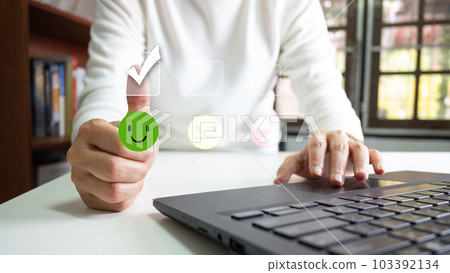 Customer satisfaction concept, choose rating, giving the highest score, very happy and satisfied with excellent service, feedback from guest. Customer satisfaction concept, choose rating, giving the highest score, very happy and satisfied with excellent service, feedback from guest. 103392134