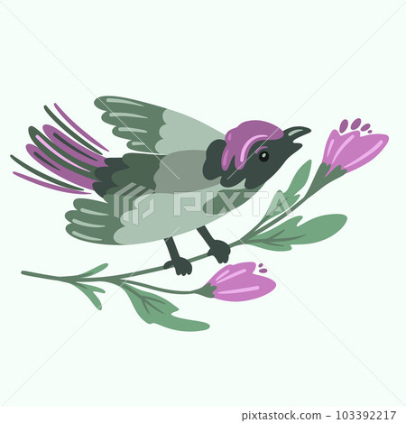 bird sitting on a branch of flower blossoms bird sitting on a branch of flower blossoms 103392217