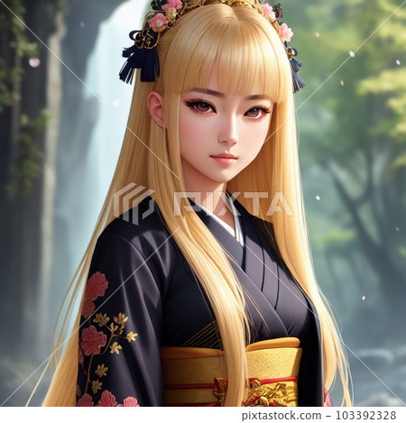 Beautiful woman looking into the distance in traditional Japanese kimono 103392328