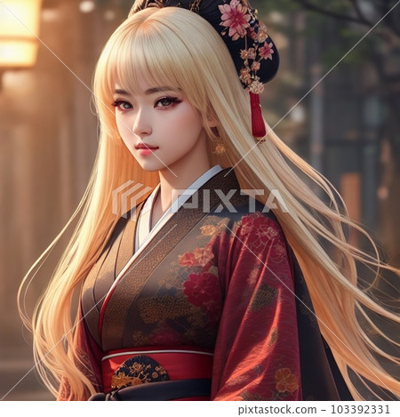 Beautiful woman looking into the distance in traditional Japanese kimono Beautiful woman looking into the distance in traditional Japanese kimono 103392331