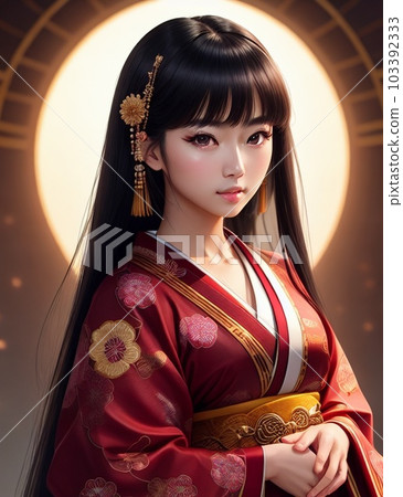 Beautiful woman looking into the distance in traditional Japanese kimono Beautiful woman looking into the distance in traditional Japanese kimono 103392333