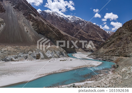 Blue river and sky,beautiful landscape,northern india route,Leh,Ladakh,northern India, 103392636