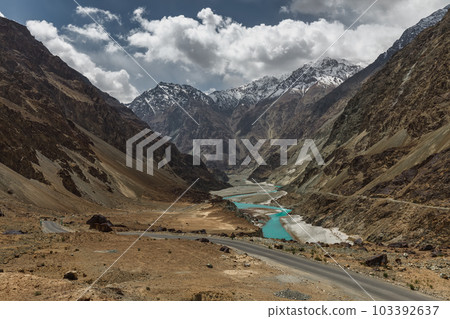 Blue river and sky,beautiful landscape,northern india route,Leh,Ladakh,northern India, 103392637