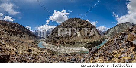 Blue river and sky,beautiful landscape,northern india route,Leh,Ladakh,northern India, 103392638
