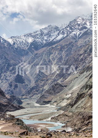 Blue river and sky,beautiful landscape,northern india route,Leh,Ladakh,northern India, 103392640