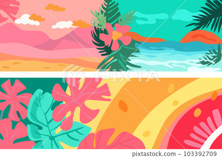 Hello summer. Set of horizontal summer banners with colorful tropical leaves, flowers. Relaxation concept. Templates are ideal for advertising, banners, websites, posters. Vector graphics 103392709