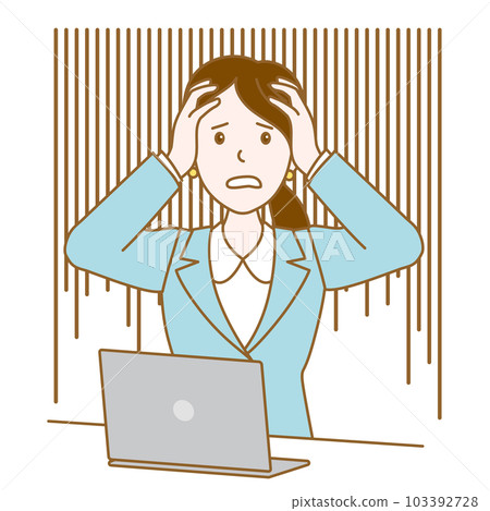 A suit woman holding her head in front of a computer 103392728