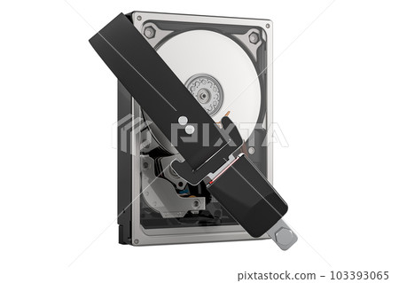 Hard Disk Drive HDD with safety belt. Security and protection concept, 3D rendering 103393065