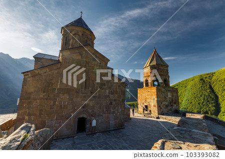 Gergeti Trinity Church near the Stepantsminda village in Georgia ,At an altitude of 2170 meters, under Mount Kazbek or Kazbegi, 103393082