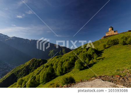 Gergeti Trinity Church near the Stepantsminda village in Georgia ,At an altitude of 2170 meters, under Mount Kazbek or Kazbegi, 103393086