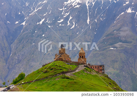 Gergeti Trinity Church near the Stepantsminda village in Georgia ,At an altitude of 2170 meters, under Mount Kazbek or Kazbegi, 103393098