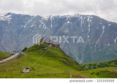 Gergeti Trinity Church near the Stepantsminda village in Georgia ,At an altitude of 2170 meters, under Mount Kazbek or Kazbegi, 103393099