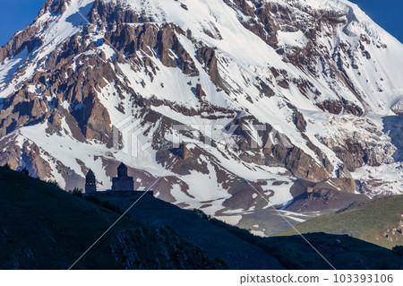 Gergeti Trinity Church near the Stepantsminda village in Georgia ,At an altitude of 2170 meters, under Mount Kazbek or Kazbegi, 103393106