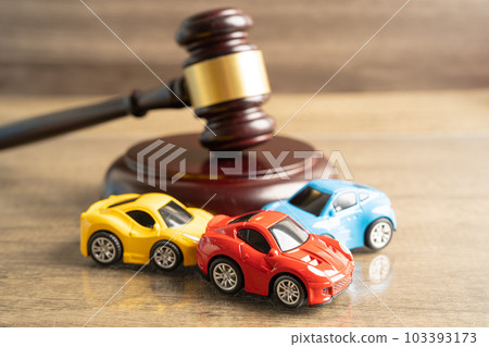 Bangkok, Thailand, January 1, 2023 Hammer gavel judge with car vehicle accident, insurance coverage claim lawsuit court case. 103393173