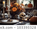 Halloween table setting with pumpkins and skulls 103393328