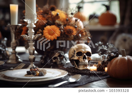Halloween table setting with pumpkins and skulls 103393328