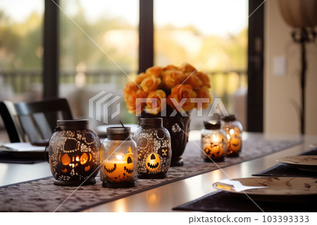 Halloween table setting with pumpkins and skulls 103393333