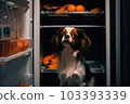 Domestic dog seeks relief from hot summer heat 103393339