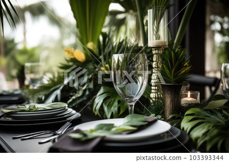 Romantic table setting with candles and flowers 103393344