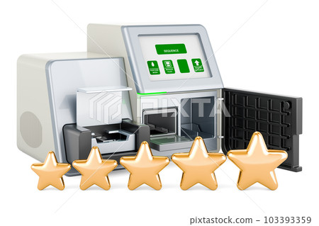 DNA sequencer with five golden stars. 3D rendering DNA sequencer with five golden stars. 3D rendering 103393359