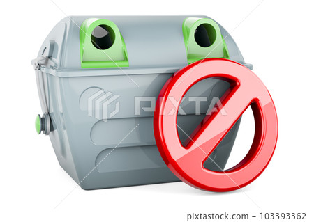 Gray garbage container with forbidden symbol. 3D rendering Gray garbage container with forbidden symbol. 3D rendering 103393362