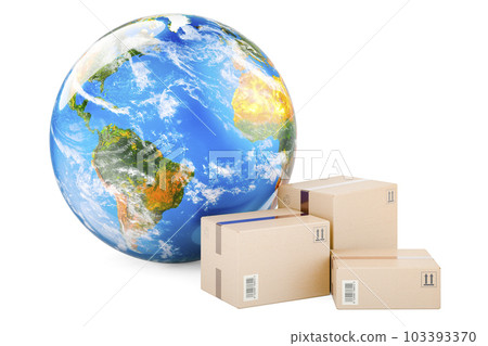 Three parcels with Earth Globe. 3D rendering 103393370