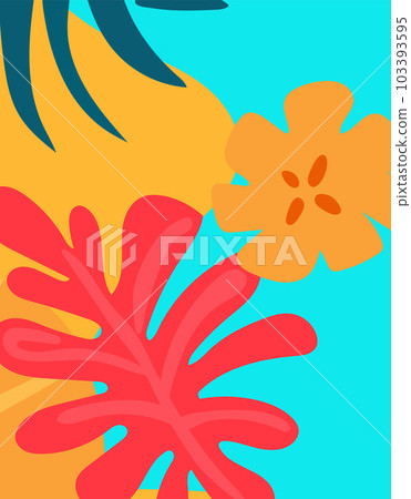 Bright summer color banner with colorful tropical leaves, flowers. The concept of relaxation. Templates are perfect for ads, banners, websites, posters. Vector graphics 103393595