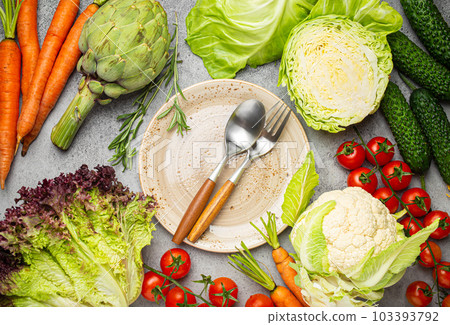 Assorted food raw products: vegetables, beef meat, fish salmon and empty plate in centre, light rustic stone table top view copy space. Healthy food background, ingredients balanced diet. Assorted food raw products: vegetables, beef meat, fish salmon and empty plate in centre, light rustic stone table top view copy space. Healthy food background, ingredients balanced diet. 103393792