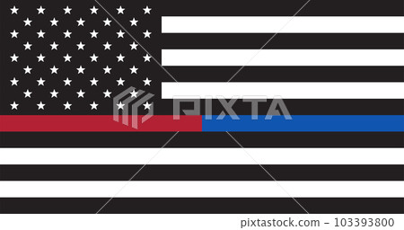 Police us flag. Patriotic symbol. Black and white US Flag with red and blue line. 103393800