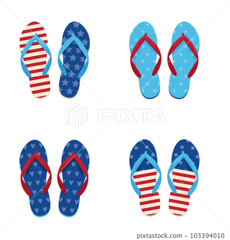 Vector set with patriotic flip flops. For Independence Day celebration, party decoration, surface textures. Vector set with patriotic flip flops. For Independence Day celebration, party decoration, surface textures. 103394010