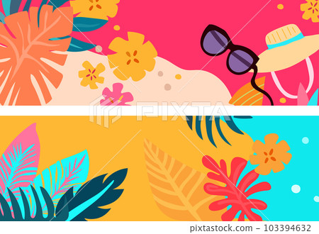 Bright banner with tropical leaves, bright flowers, glasses. Relaxation concept. Colorful poster designs are ideal for advertising, banners, websites, posters. Vector graphics Bright banner with tropical leaves, bright flowers, glasses. Relaxation concept. Colorful poster designs are ideal for advertising, banners, websites, posters. Vector graphics 103394632