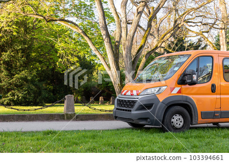 Municipal professional house landscape lawn gardening mowing maintenace and service. City grass yard care cleaning leaves bush removal equipment gardener van. Pro team worker transport lorry truck Municipal professional house landscape lawn gardening mowing maintenace and service. City grass yard care cleaning leaves bush removal equipment gardener van. Pro team worker transport lorry truck 103394661