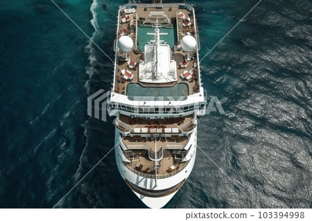 A large cruise ship in the sea while sailing, top view of the ship, generative AI. A large cruise ship in the sea while sailing, top view of the ship, generative AI. 103394998