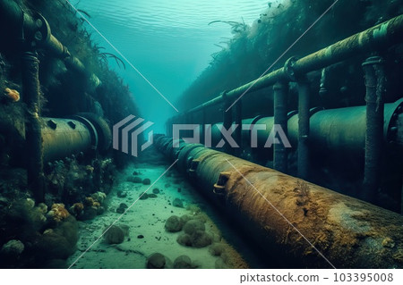 Old pipes for transporting gas and oil under water, generative AI. 103395008