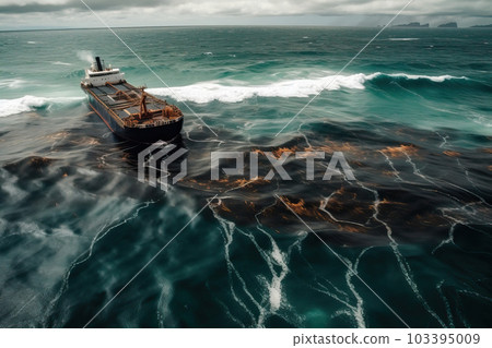 Pollution of the sea by oil spilling from a damaged tanker, generative AI. 103395009