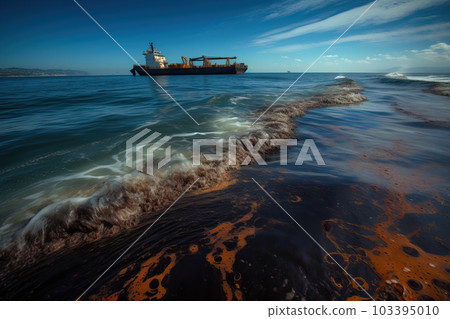 Pollution of the sea by oil spilling from a damaged tanker, generative AI. 103395010