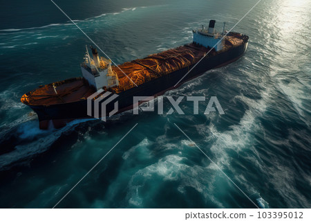 Pollution of the sea by oil spilling from a damaged tanker, generative AI. 103395012