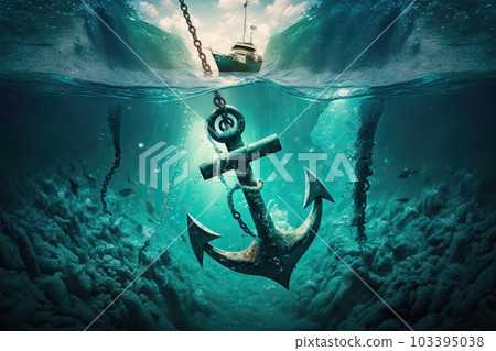 Anchor on the bottom of the ocean underwater,... - Stock Illustration ...