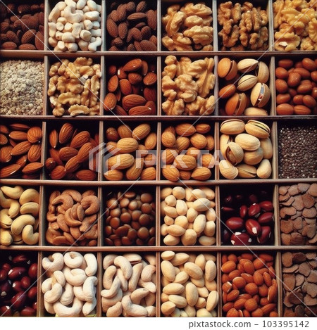 Assortment of nuts in wooden box, top view - healthy food concept Assortment of nuts in wooden box, top view - healthy food concept 103395142