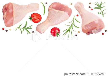 Raw chicken leg or drumstick isolated on white background with full depth of field. Top view with copy space for your text. Flat lay 103395283