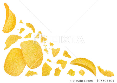 Potato chips isolated on white background with full depth of field. Top view. Flat lay. Potato chips isolated on white background with full depth of field. Top view. Flat lay. 103395304
