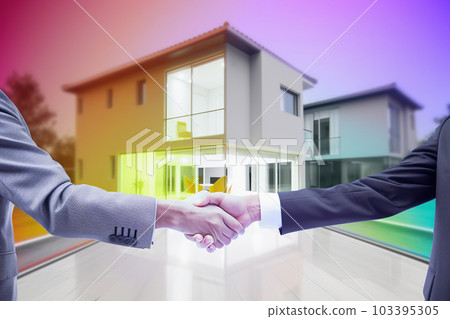 Two real estate agents, shaking hands, virtual tour, business partners sealing deal with handshake against modern luxury home backdrop. Generative AI 103395305