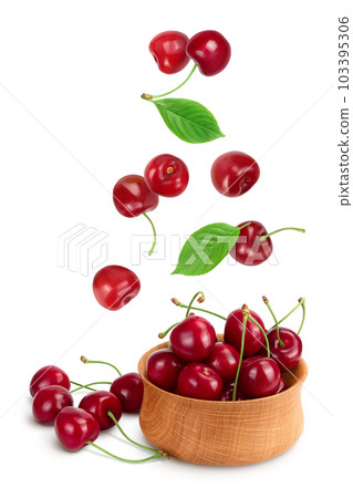 red sweet cherry in wooden bowl isolated on white background with full depth of field 103395306