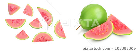 Guava fruit slices isolated on white background with full depth of field. Top view. Flat lay Guava fruit slices isolated on white background with full depth of field. Top view. Flat lay 103395309