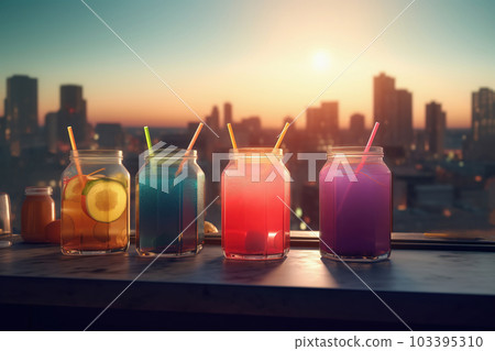 Refreshing summer cocktails at rooftop bar overlooking city skyline. Colorful drinks arranged on table. Generative AI Refreshing summer cocktails at rooftop bar overlooking city skyline. Colorful drinks arranged on table. Generative AI 103395310